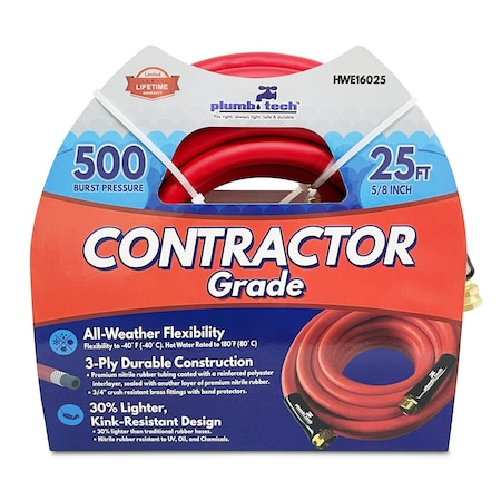 Plumb Tech 5/8 in ID x 25 ft L Water Hose, Nitrile Tube, Red HWE16025